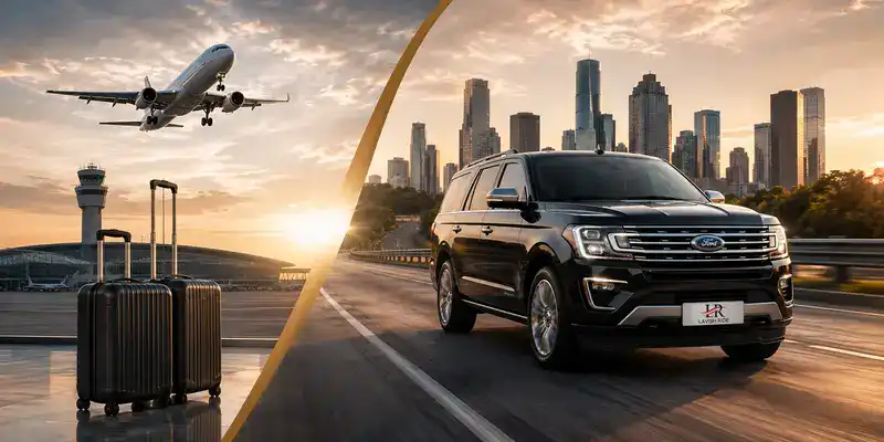 Ford Expedition private car service driving toward the Houston skyline with an airport, commercial airplane, and luggage, comparing regional road travel and flying for Texas transportation, featuring the official Lavish Ride logo on the license plate.